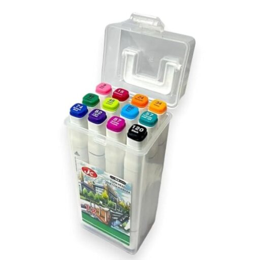 Set of 12 vibrant dual-tip sketch markers with caps removed showing both tips