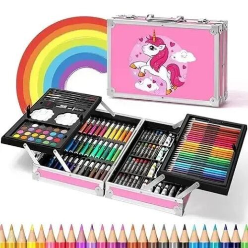 145-piece pink unicorn art kit for kids with crayons, sketch pens, oil pastels, color pencils, and watercolor paints in a foldable metal case.