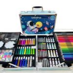 Open 145-piece space galaxy art set showing vibrant cosmic paints, brushes, glitter, and stencils – complete galaxy painting and craft supplies for kids and adults.