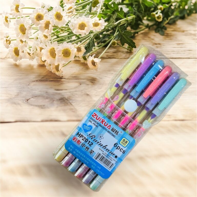 Colorful pack of 6 gel pens with smooth-flow ink in rainbow tones for doodles, notes, and creative designs.