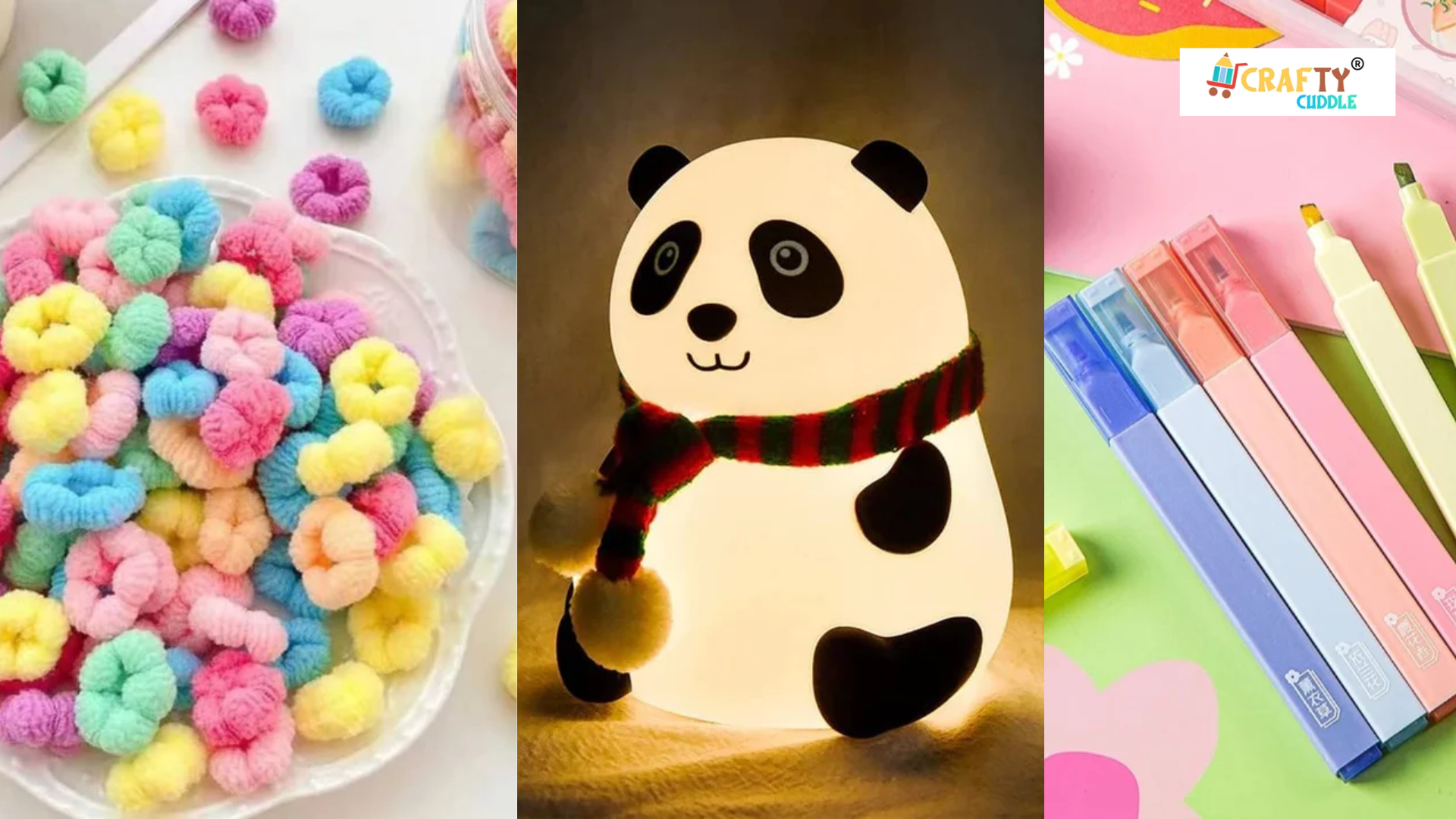 Image of collage of  glow panda lamp, colorful hair bands and the scented highlighters.