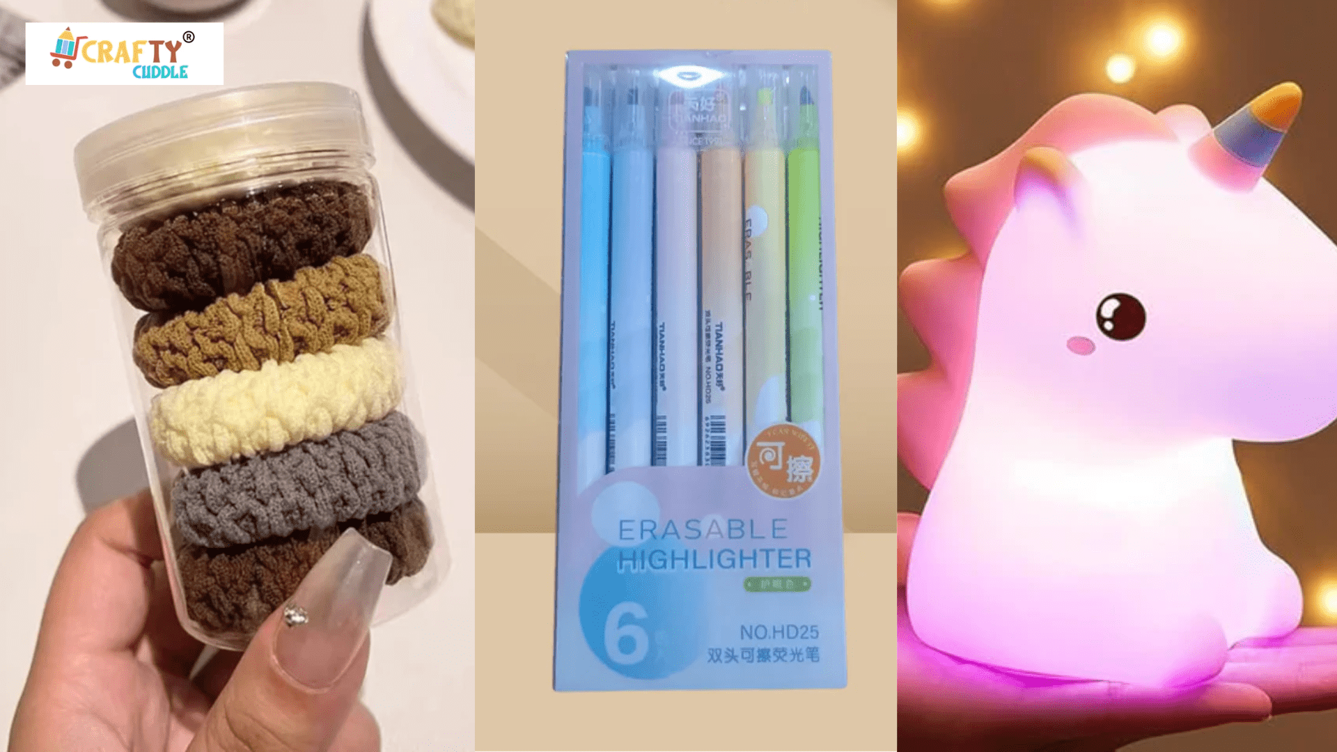 Image of collage of Hair scrunchies , unicorn lamp and the erasable highlighters.