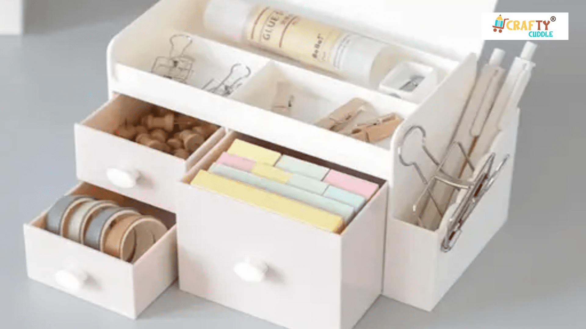 Iṁage of an oganizer with different things put in it such as washi tapes ,pins and other crafts items.