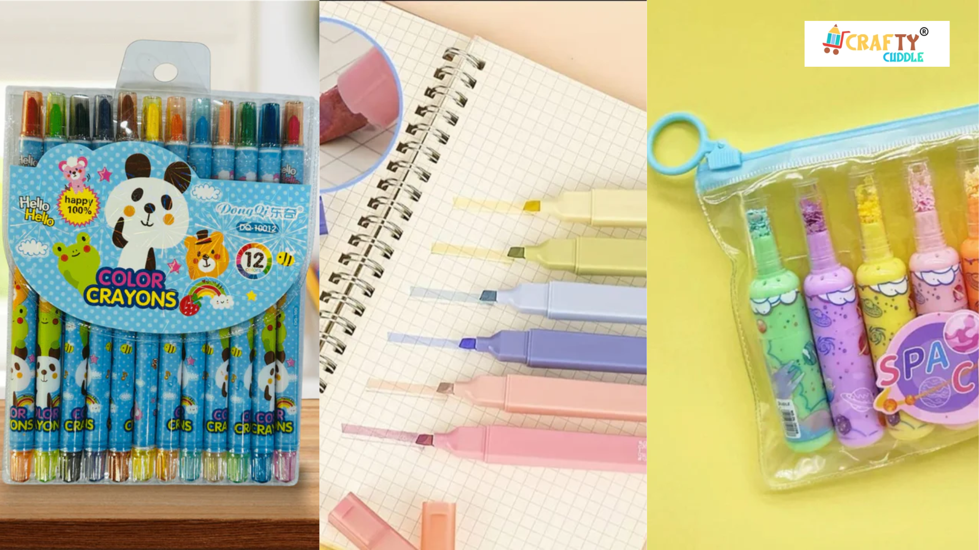 Image of collage of Color Crayons , Scented Highlighters and the galaxy highlighters pens.