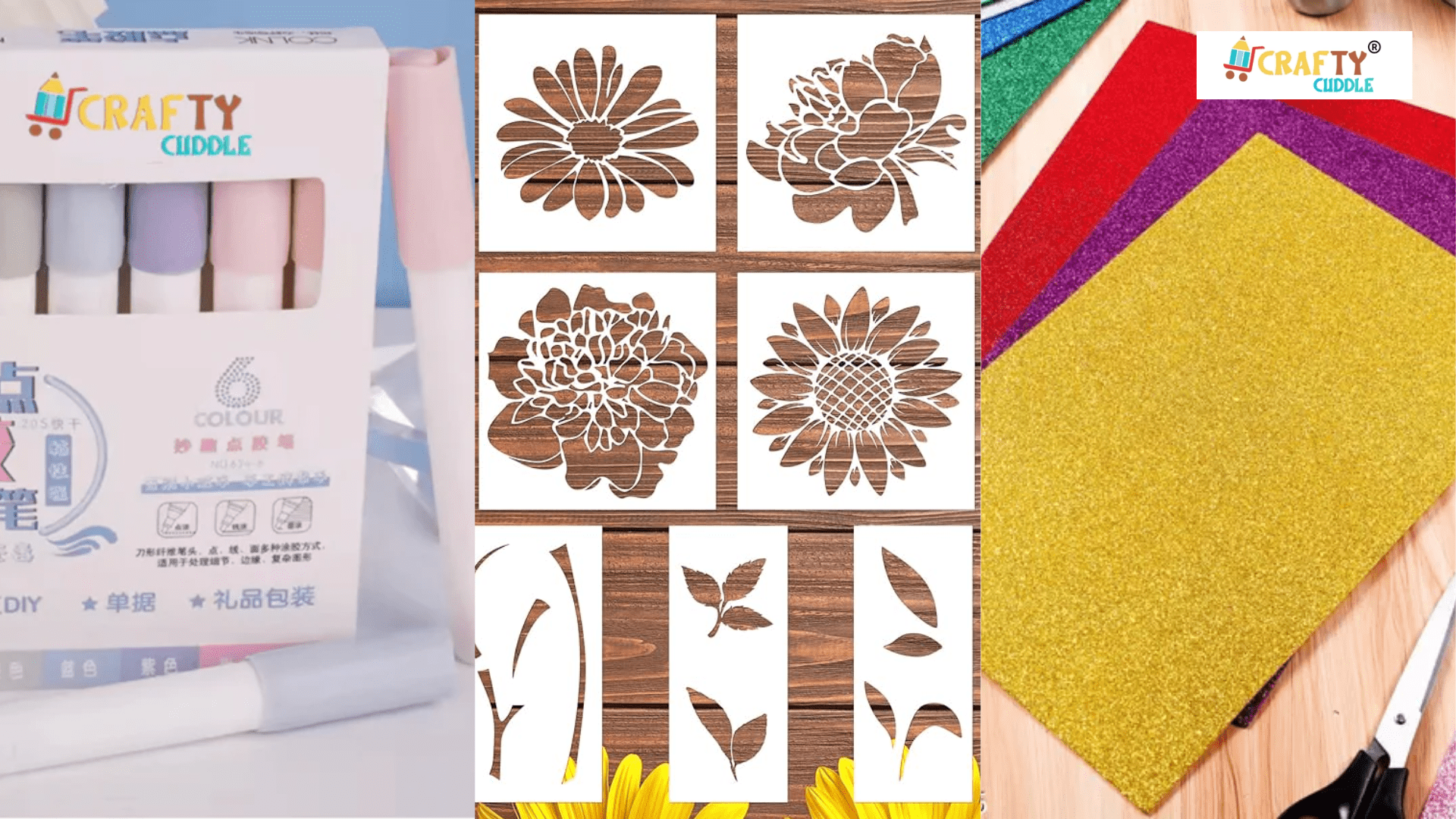 This image includes collage of glue stick pens, stencils and glitter paper.