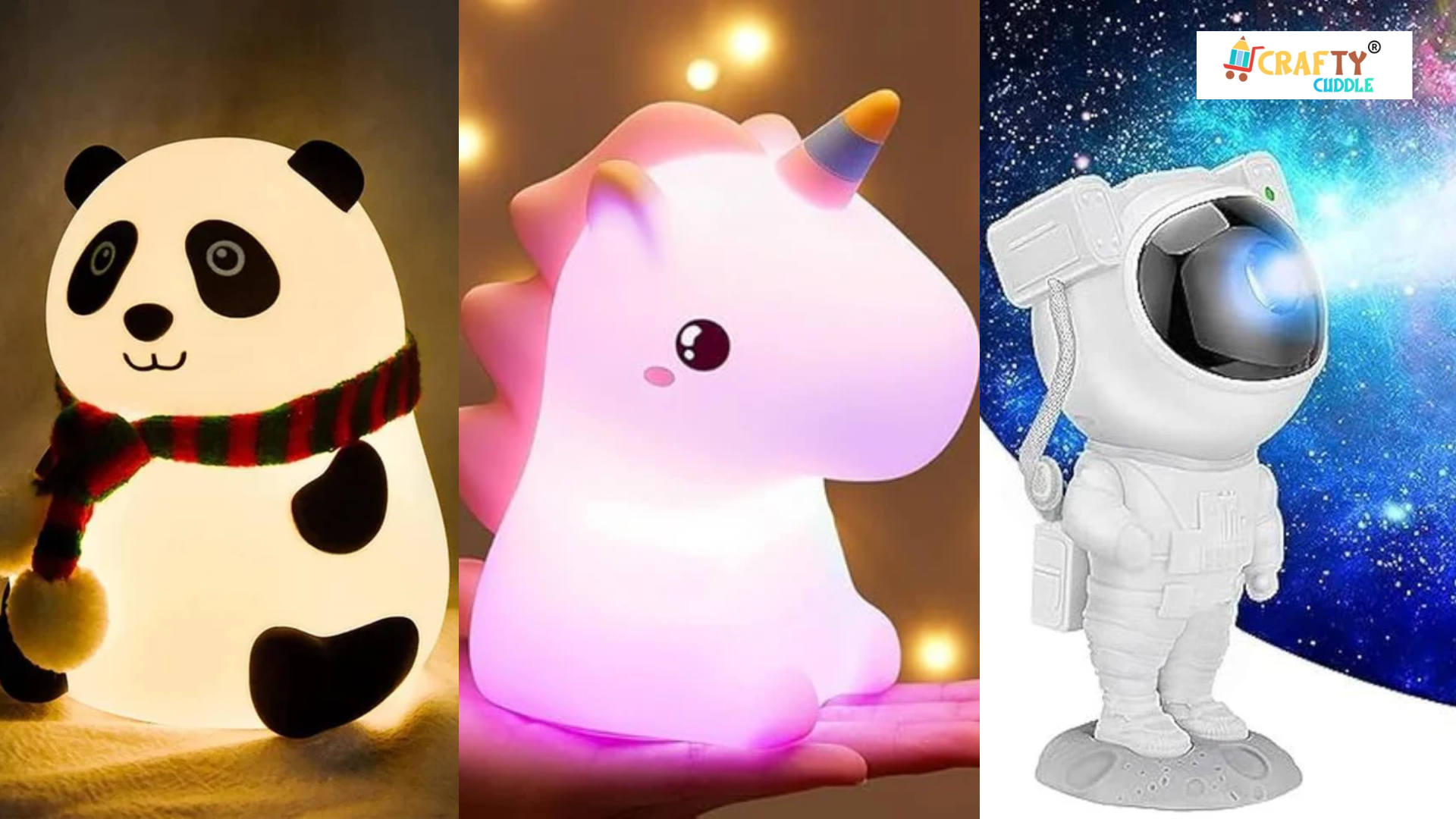 This image includes collage of glow panda lamp, Unicorn themed lamp and space themed lamp.