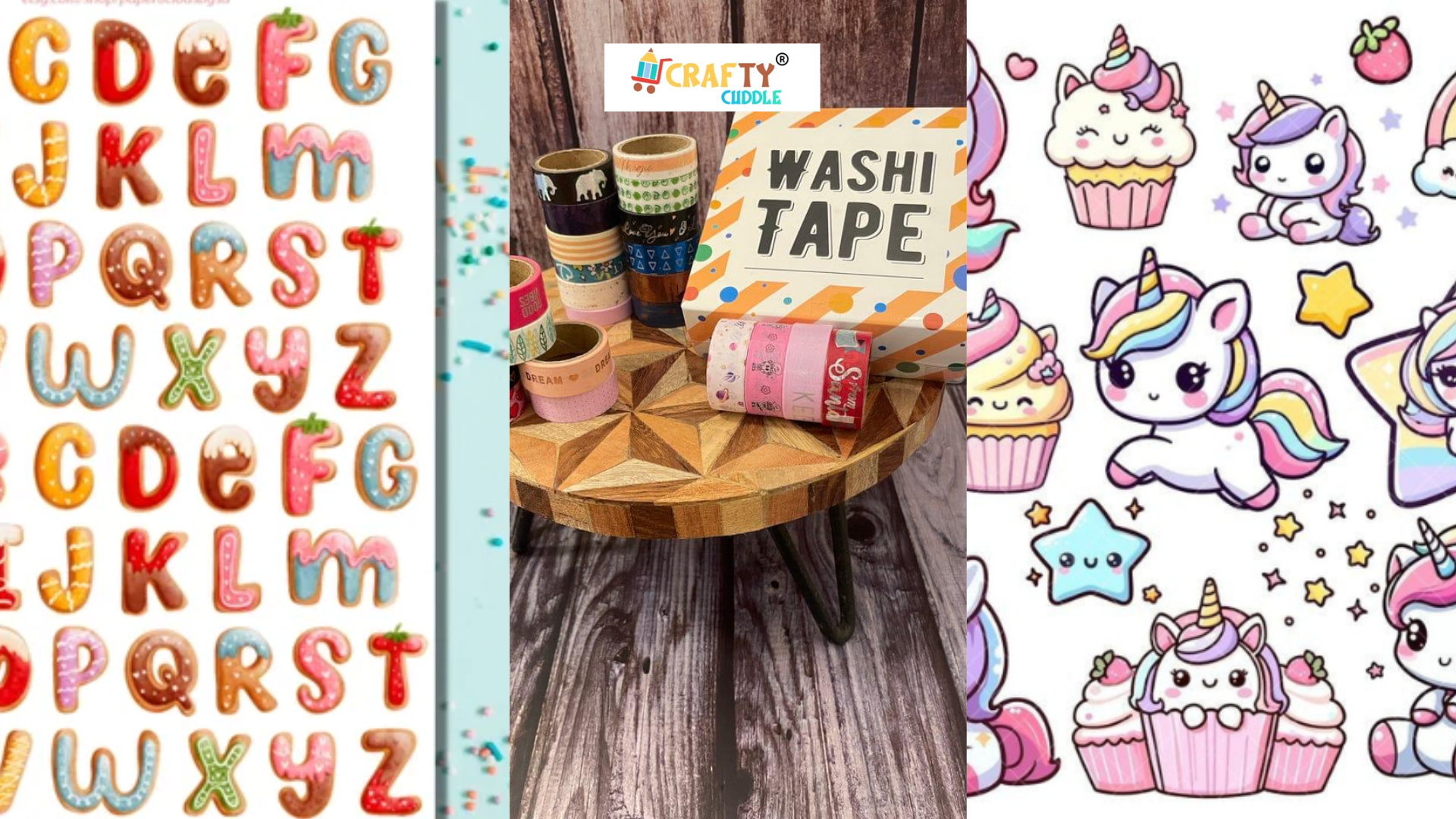 Image of collage of Alphabet Stickers , Washi tape and the unicorn stickers.