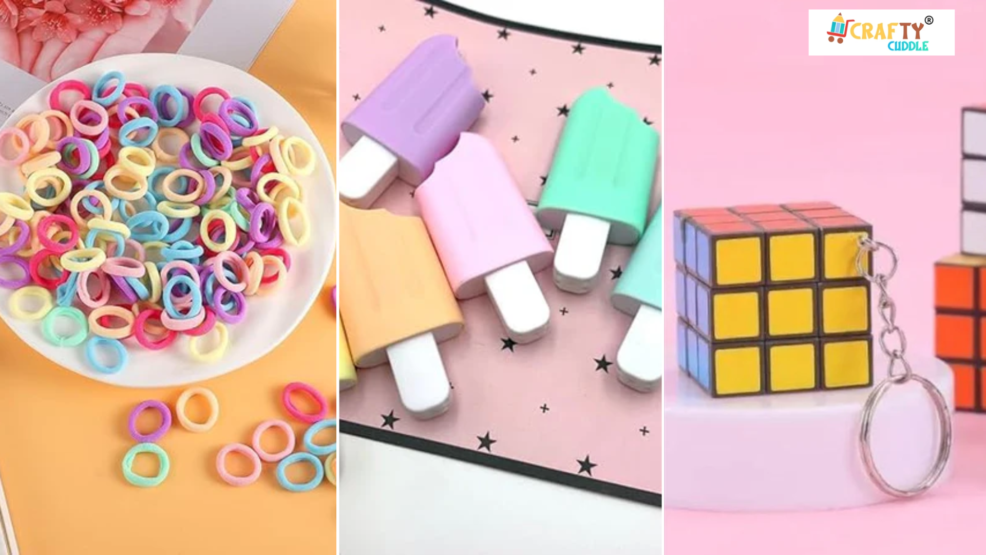 Image of collage of colorful small hair bands , highlighters and the cubic key chain.