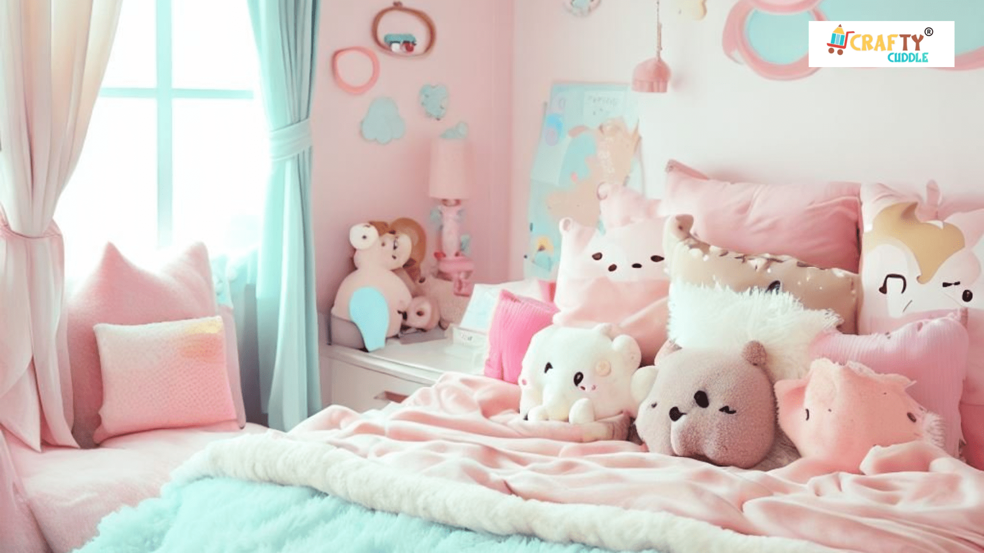 Image of bed with theme of Pastel Wonderland: Adorable Glow Lamps & Pillows