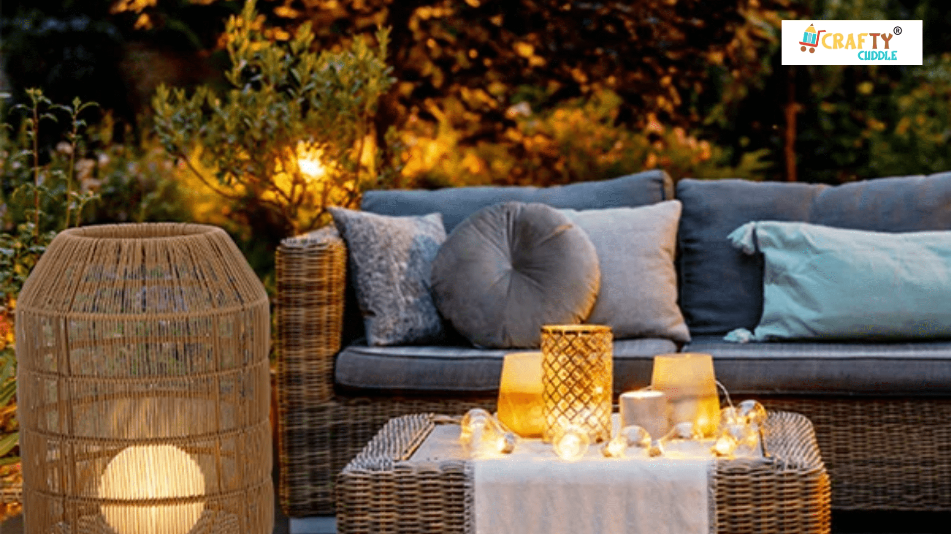 Image of outer garden design with Wooden lamps and botanical pillows for nature lovers