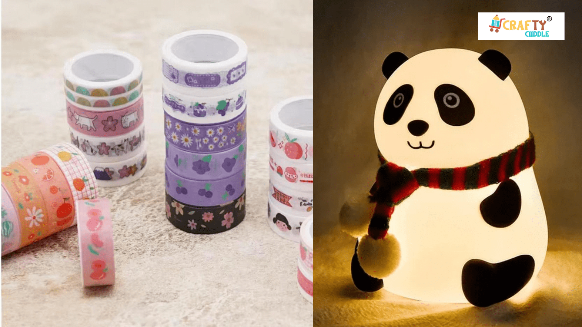 Image of collage of washi tapes and glow panda lamp.
