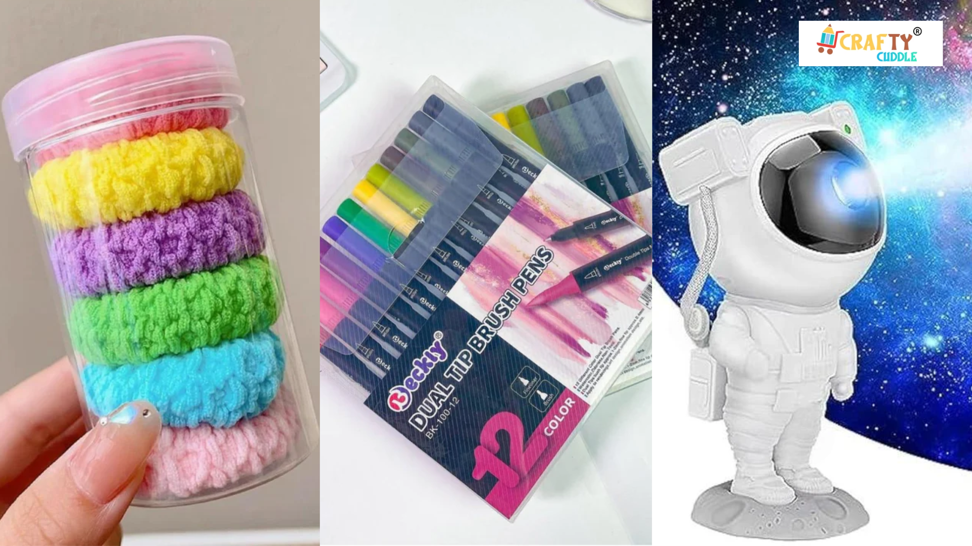 Image of collage of Scrunchies Pack, astronaut and the brushes pens.