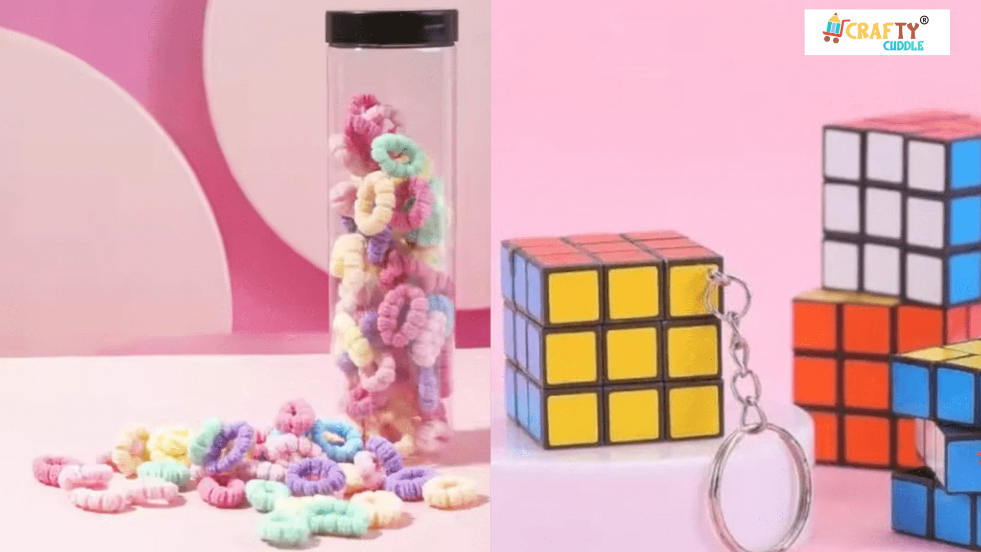 Image of collage of colored Hair bands and cubic key chain.