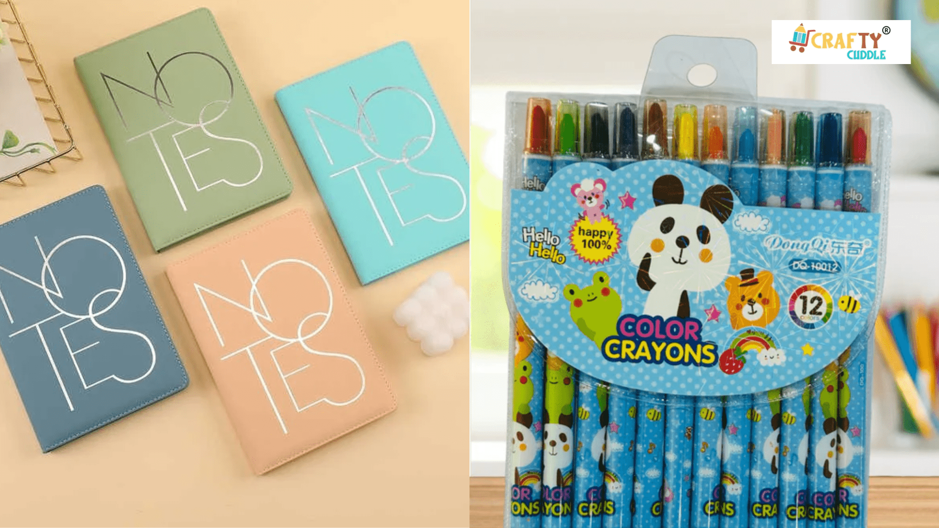 Image of collage of the crayons color pens and the A4 notebook diaries.