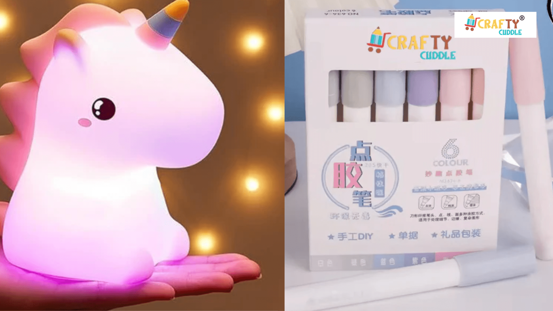 Image of collage of scented highlighters and the unicorn themed lamp.