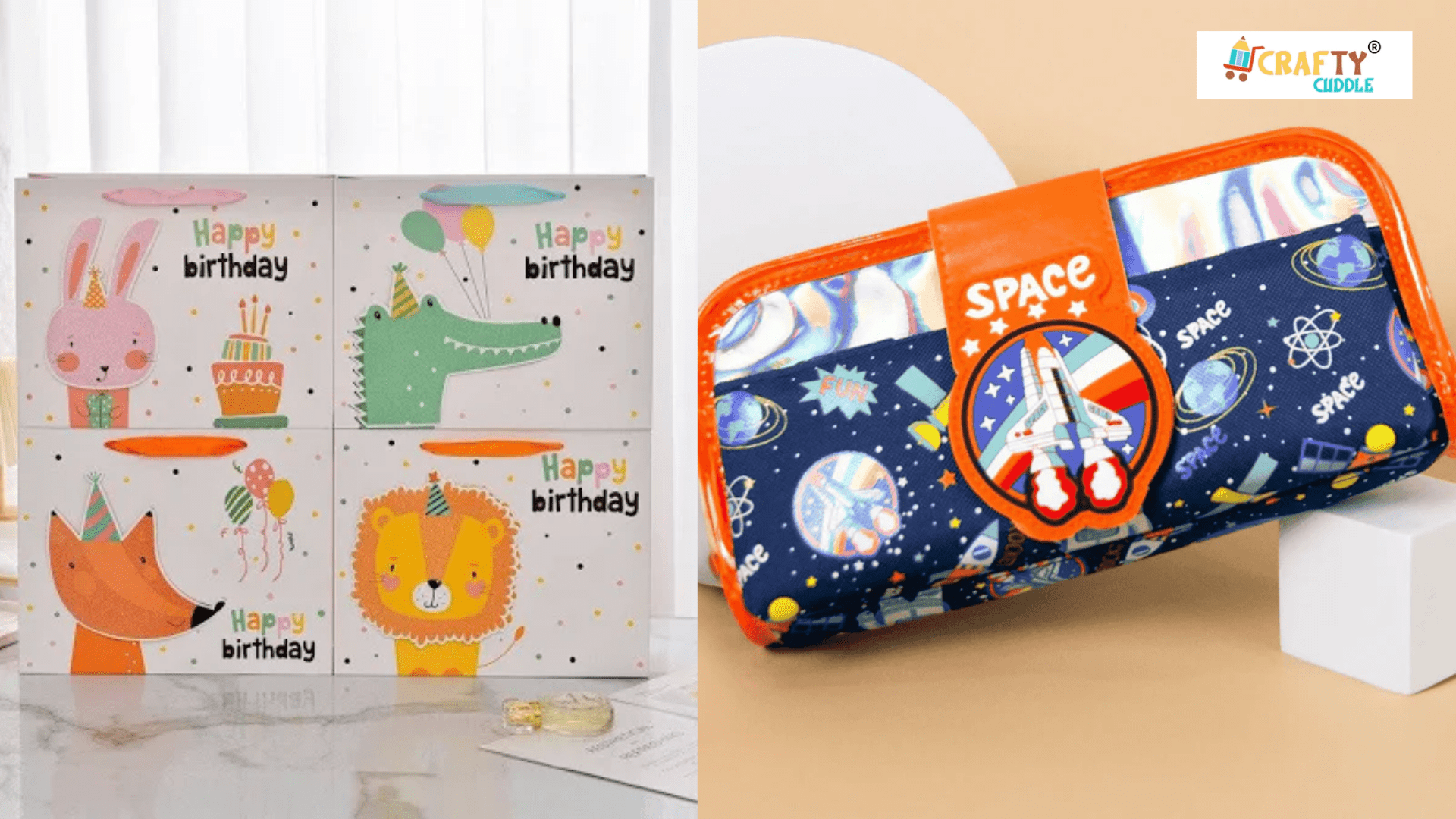 Image of collage of themed paper bags and the galaxy themed pencil pouch.