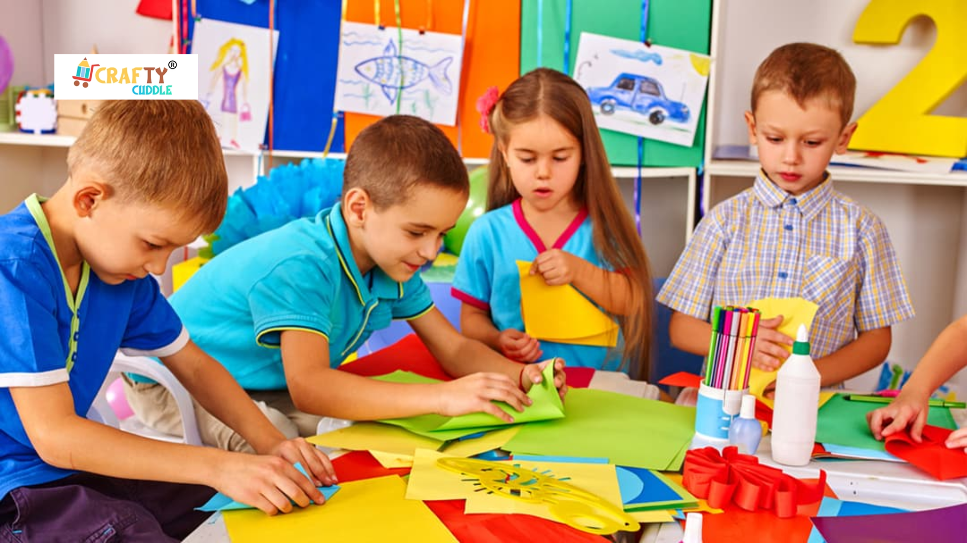 A group of children coloring and crafting together.