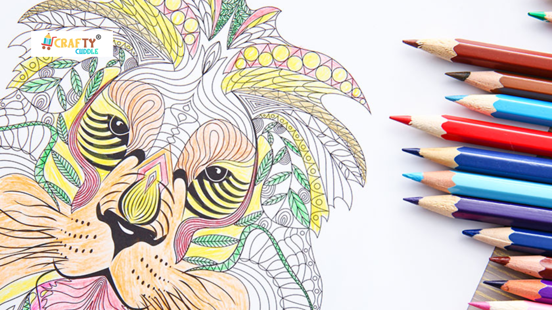 Image of A lion drawing with the sketch pens placed on the table.