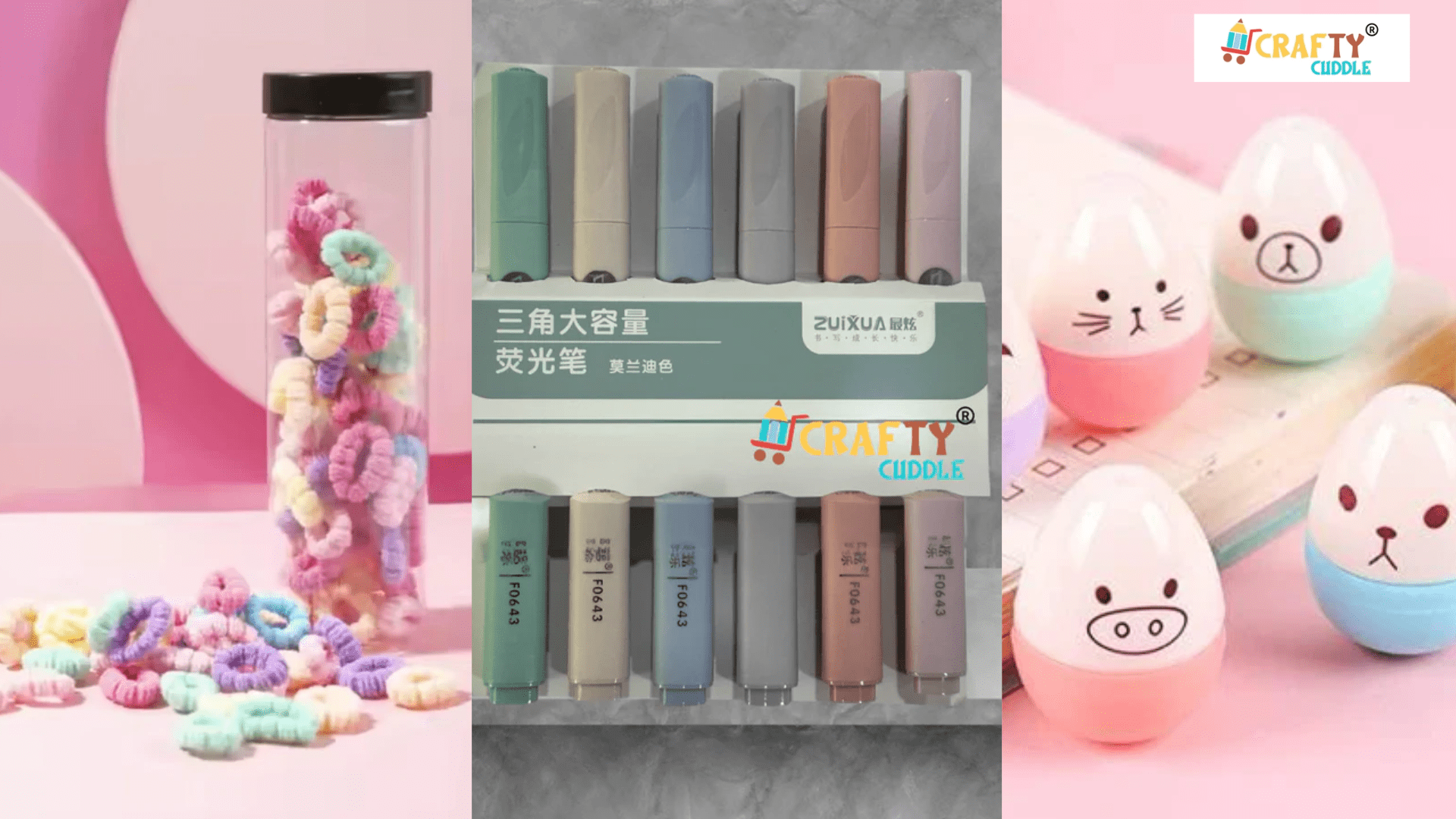 Image of collage of hair bands box, galaxy highlighters pens and egg shaped pens.