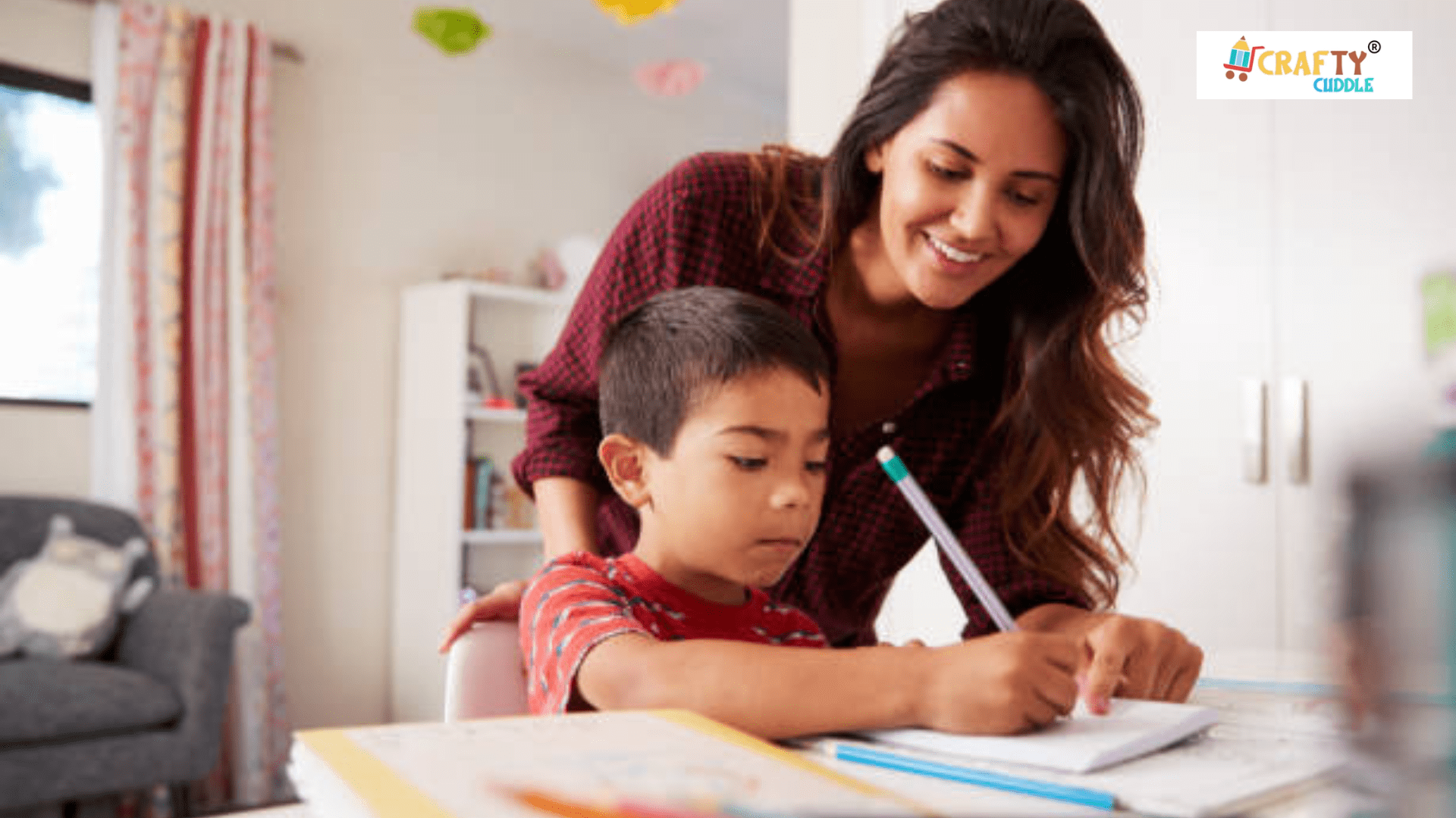 Image of a mother helps her child to complete his school homework.