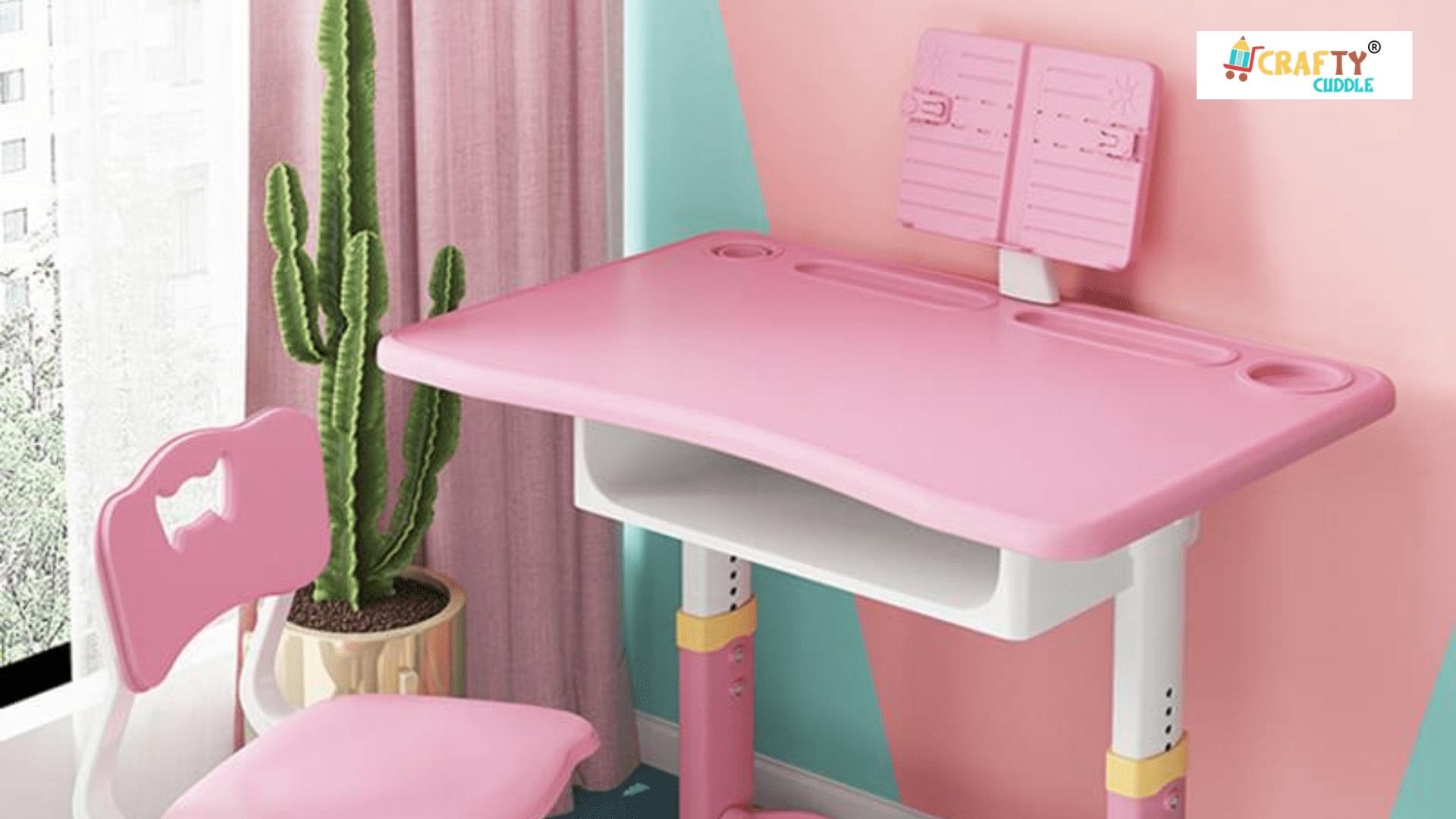 Image of pink color study table and the the chair placed beside the window.