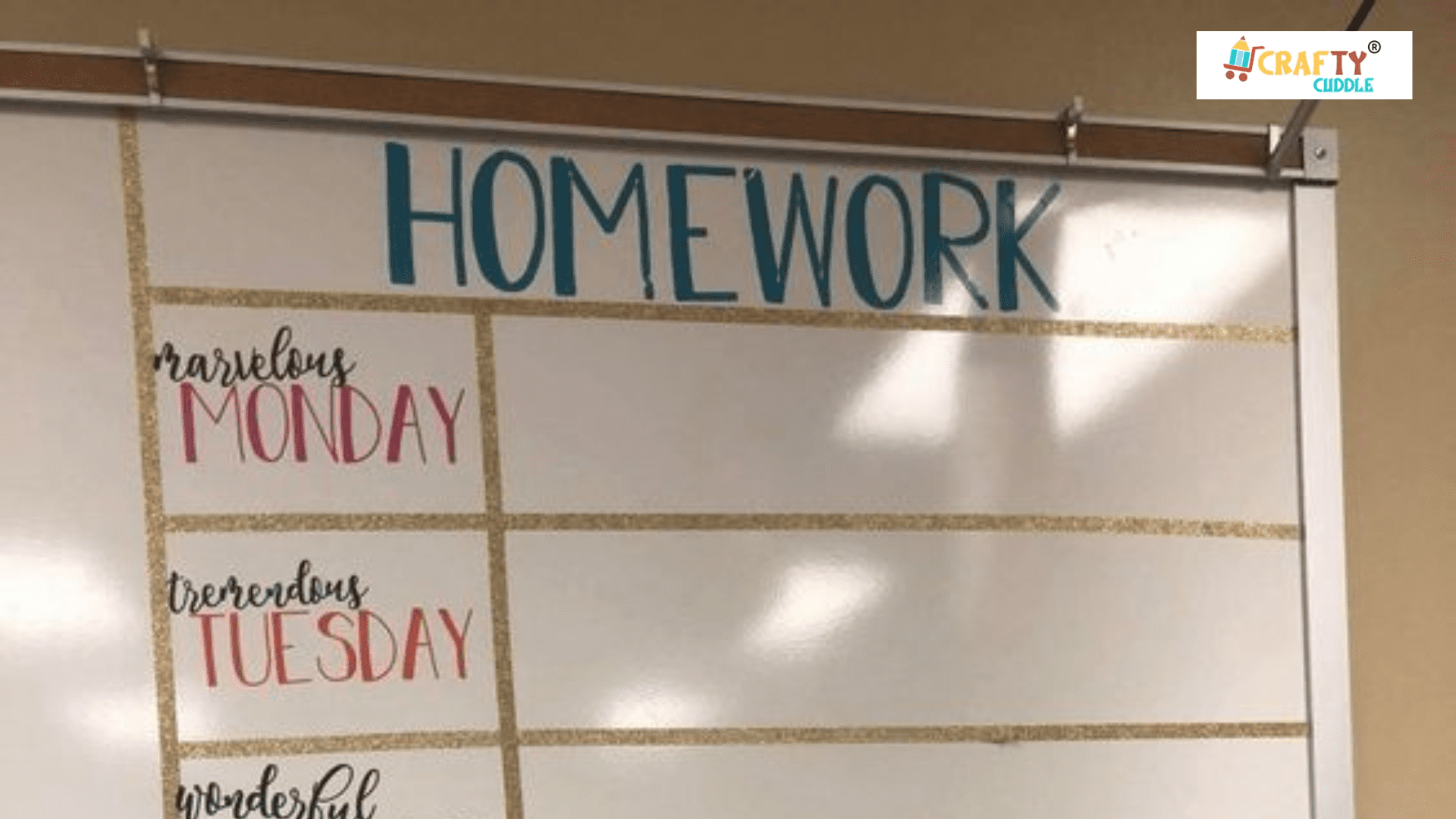 A whiteboard with homework and days schedule written on it.