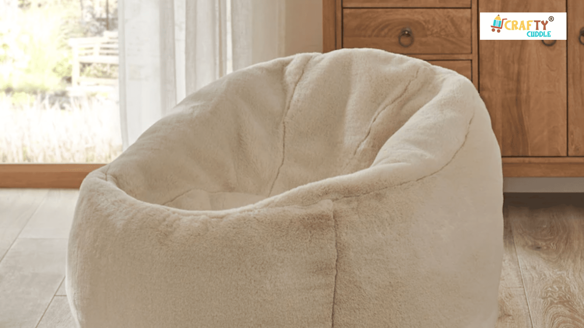 An image of beanbag placed in the room with window view.