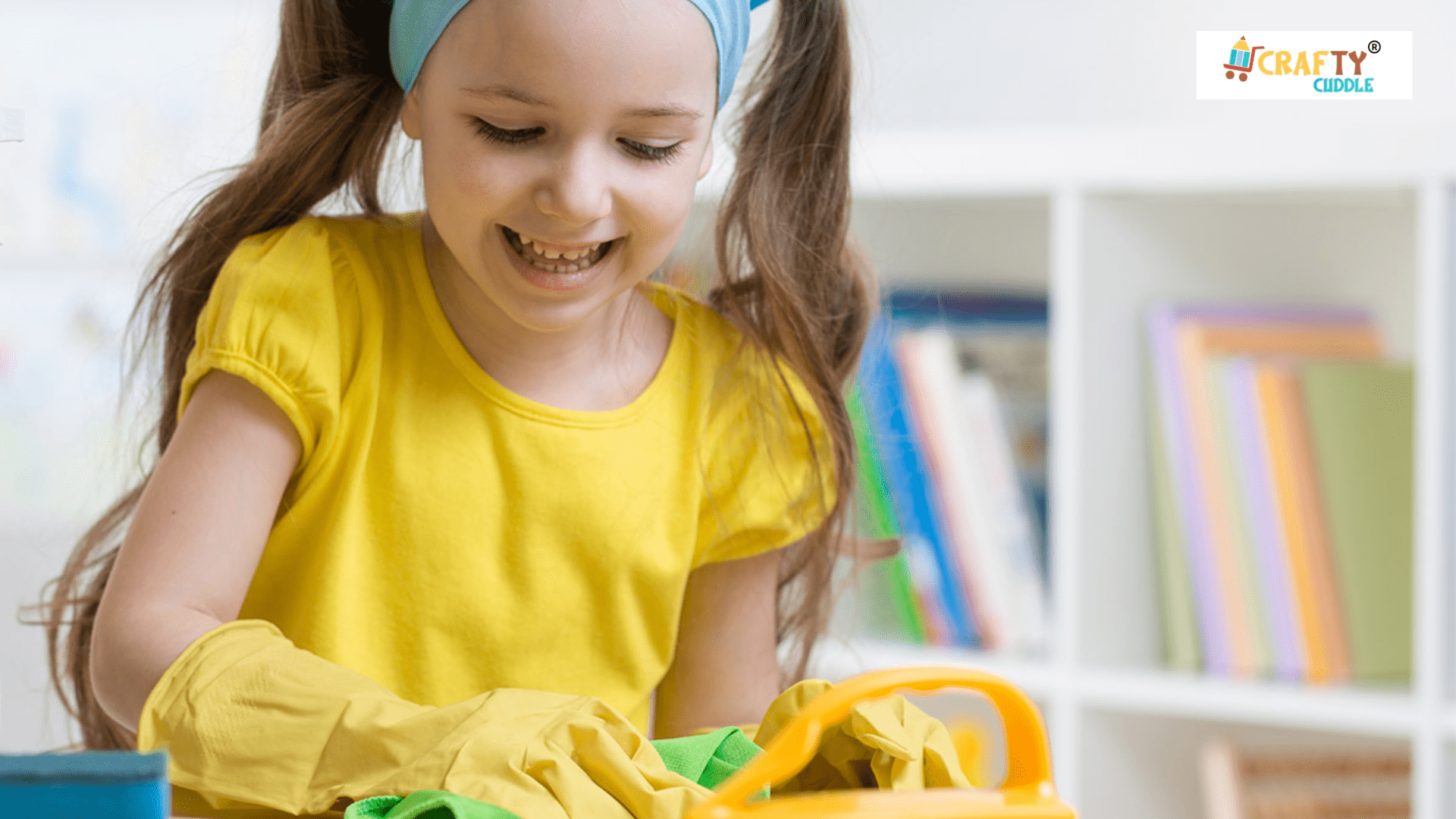 A girl is cleaning her study desks with a cloth and a brush.