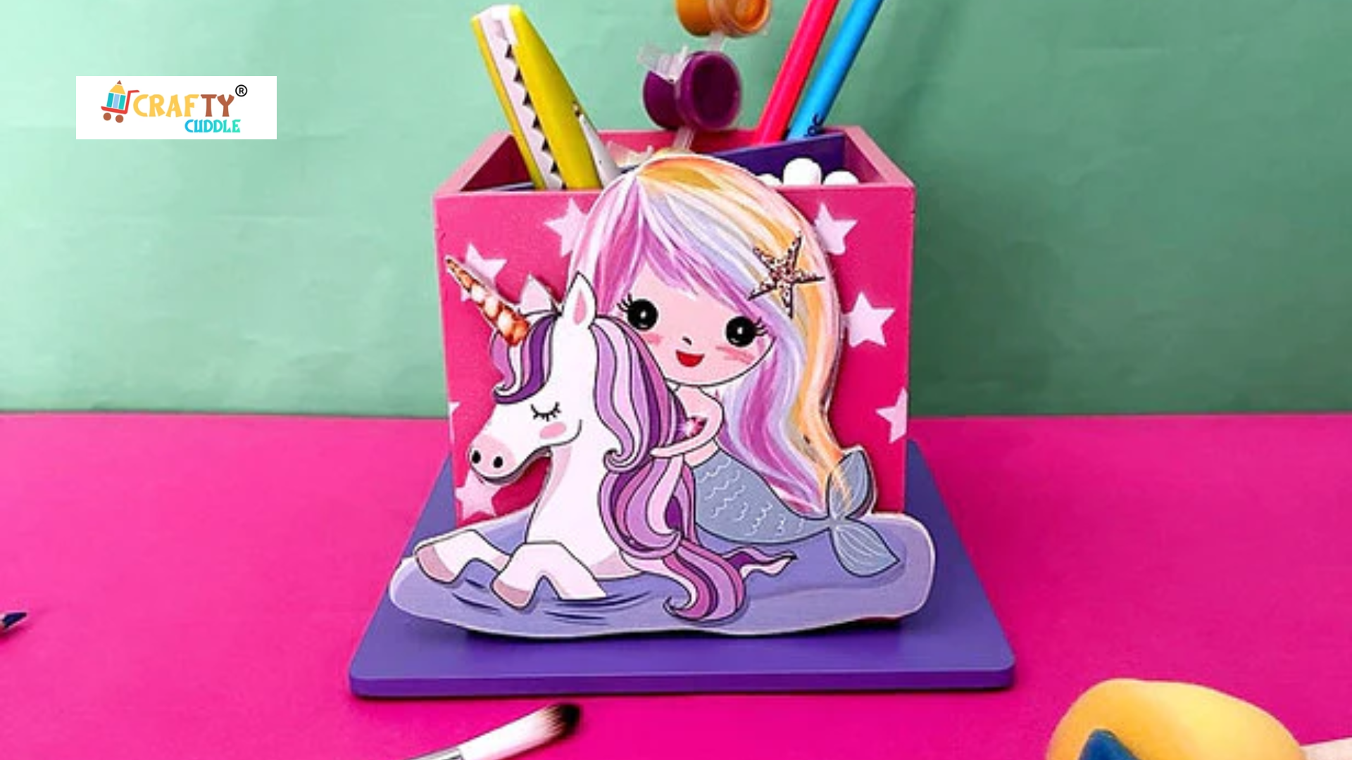 Image of unicorn themed pen stand or organizer placed on the table.