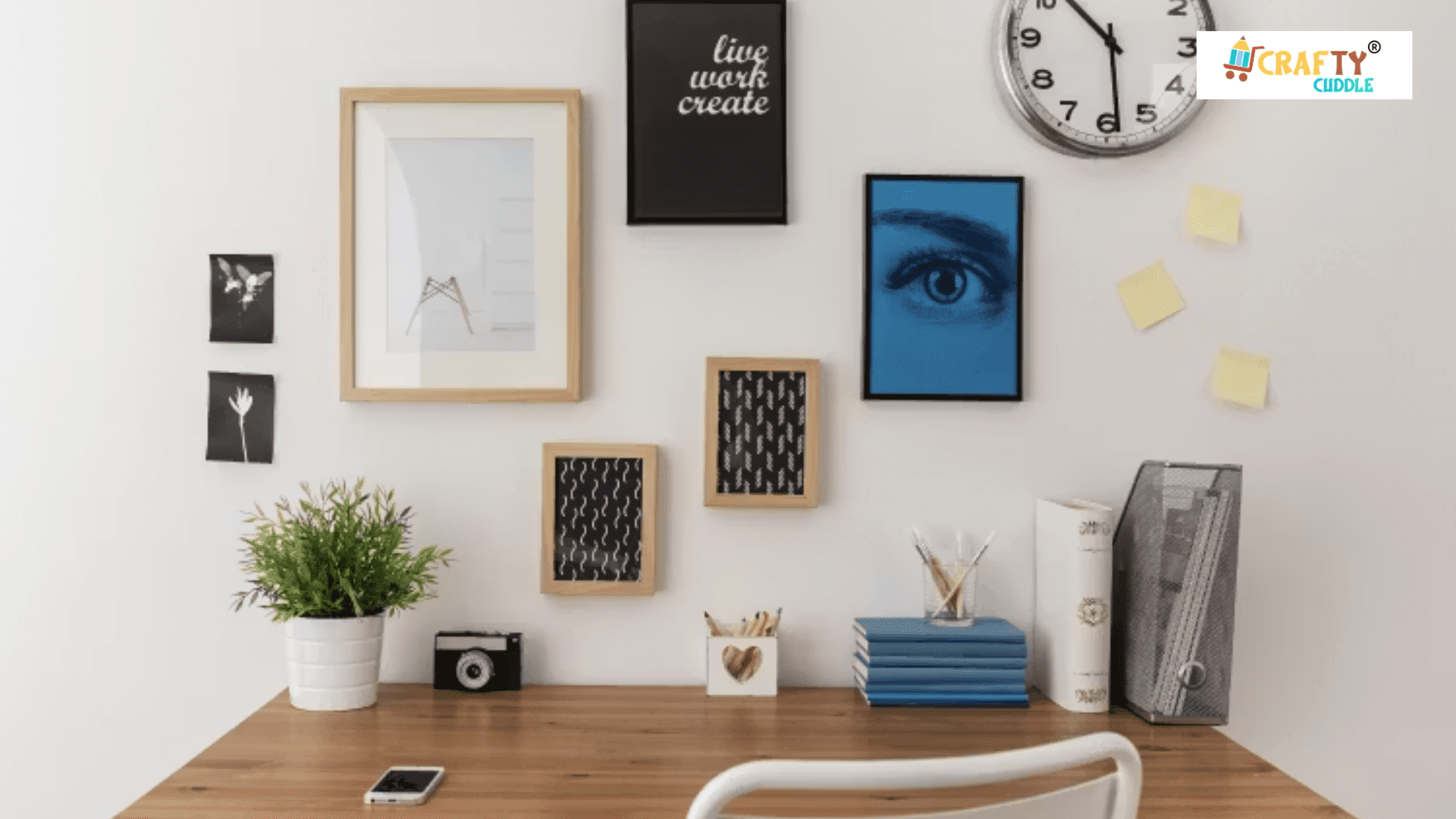 Image of organized desks with proper placements of the wall pictures , chair and all other essentials.