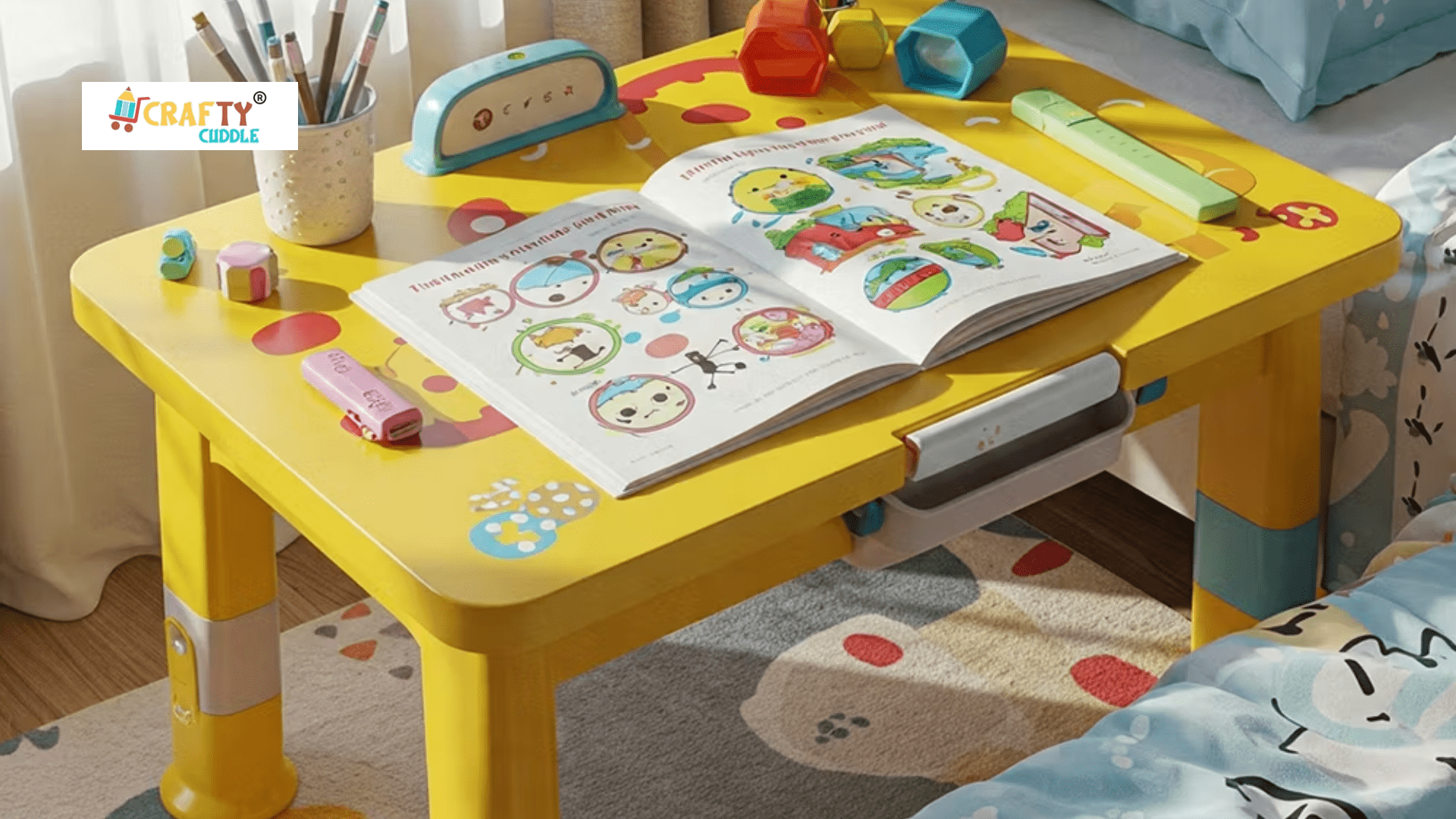 Image of kid study desk with all stationery essentials placed beside the bed.