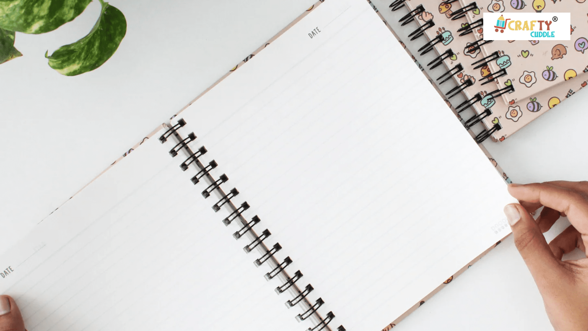 Image of a person holding the notebook placed on the table.