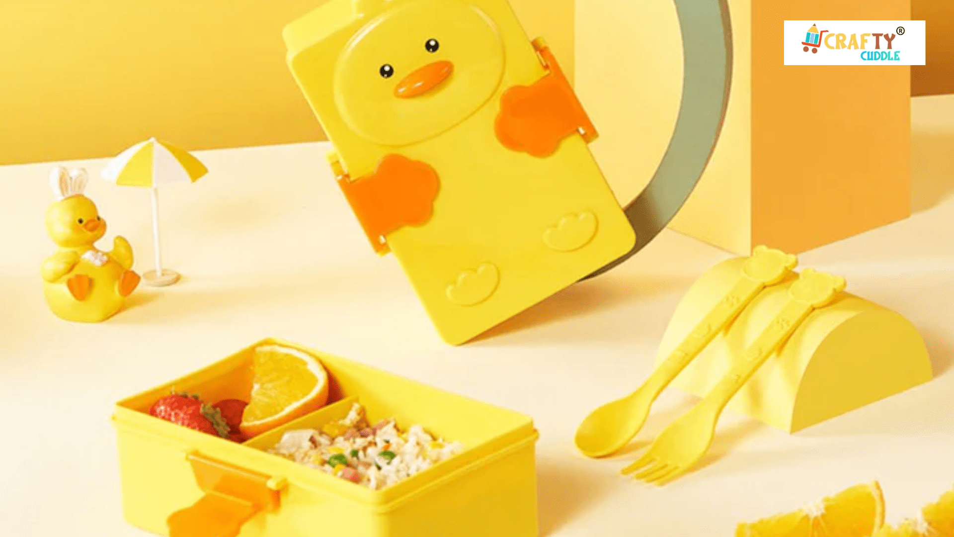 Image of Cute Duck Themed Lunch box with the open containers filled up with food.