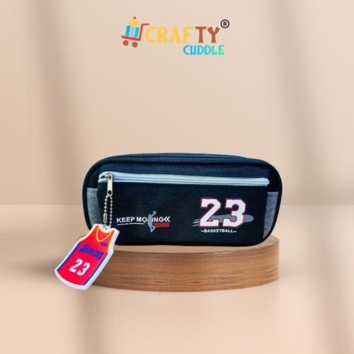 Black basketball theme pencil pouch with zipper and number 23 tag | Crafty Cuddle stationery case for boys and kids