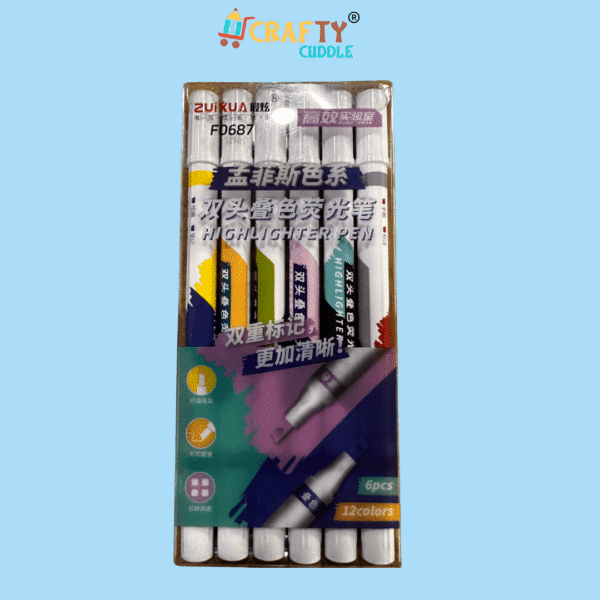 Six dual-tip highlighter pens featuring 12 bold fluorescent colors with chisel and fine tips and no-bleed ink.