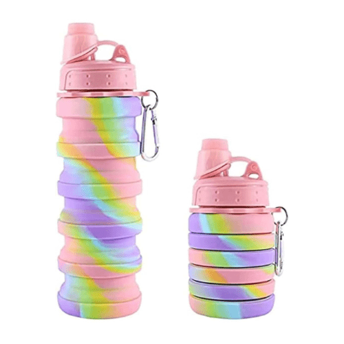 Colorful WonderSip Expandable Silicone Water Bottle with rainbow design, shown in both expanded and collapsed forms, featuring a pink cap and carabiner for easy portability – BPA-free and travel-friendly