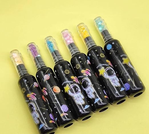 Galaxy HighlightersCRAFTY CUDDLESet of black pens with space - themed designs on a yellow backgroundBottle Highlighters