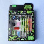 Pencil and eraser set packaging with game-themed design on a light blue background