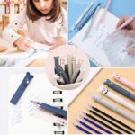 Collage of children using pens, pens in a container, and pens on paper.