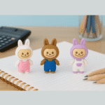 Labubu ErasersErasersCRAFTY CUDDLEThree colorful character erasers on a notebook with pencils and a calculator in the background.1CharacterErasersCuteErasers