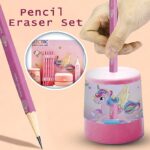 Pink pencil with eraser and pencil sharpener featuring a unicorn design on a peach background.
