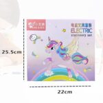 Stationery set packaging with a unicorn design and dimensions indicated.