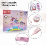 Electric stationery set with unicorn design on packaging, including a sharpener and pens.