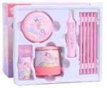Pink stationery set with unicorn design on a white background