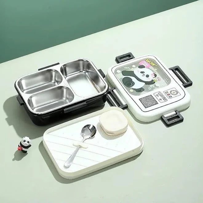 Image of opened panda themed lunch boxed with a small cute panda and containers .
