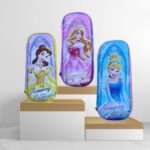 Three Princess Charm zipper pouches in different colors, each with a charming princess-themed design and a zipper closure.