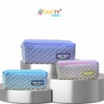 Pastel-colored Retro Happy pencil pouches with waffle texture displayed on silver podiums. Includes blue, pink, and purple zipper pouches, perfect for kids and school use.