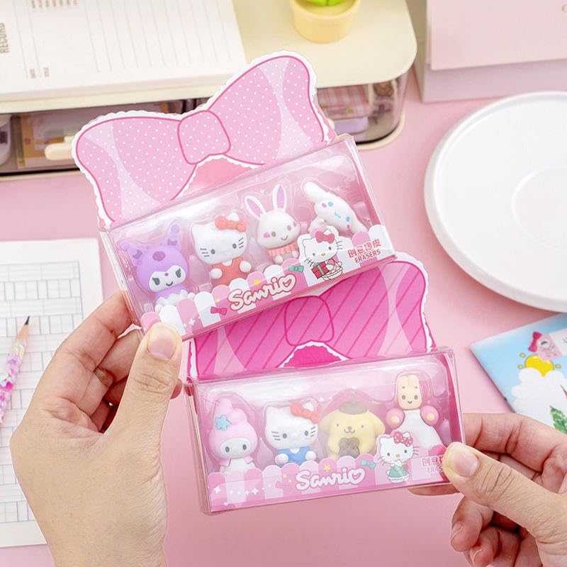 sanrio-erasers-setcrafty-cuddle-5308522 Sanrio Erasers SetCRAFTY CUDDLEPink Sanrio character pouches held by a hand on a pink surface.