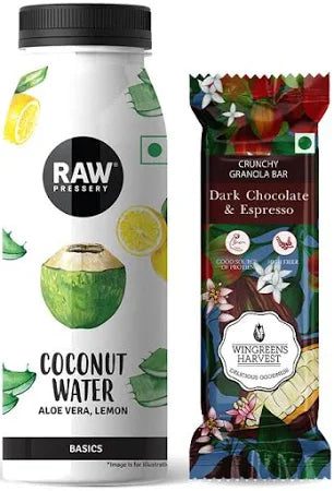 Image of raw presents coconut water and dark chocolate.