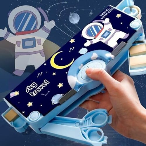 Children's space-themed pencil case with astronaut design, featuring moon, stars, and playful text 'Sky Travel' and 'Travel with Stars'—ideal for school stationery.